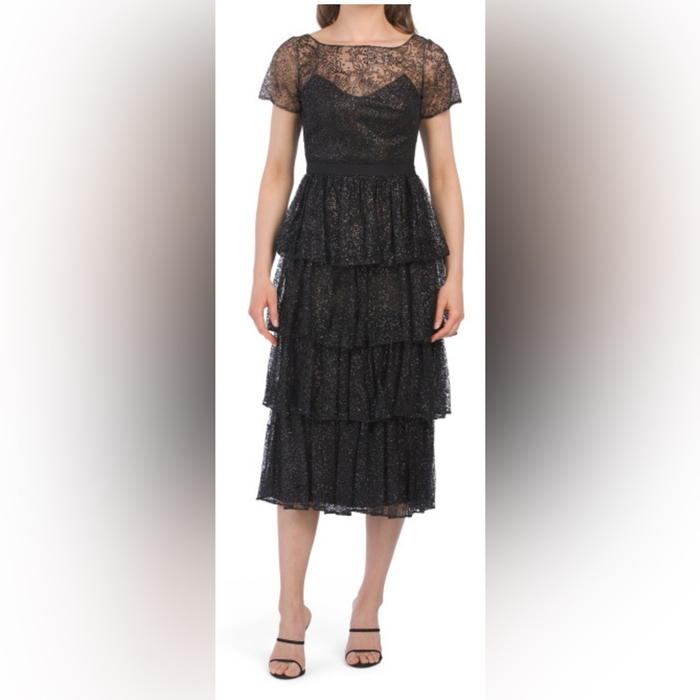 Marchesa Notte Tiered Glitter Tulle Dress